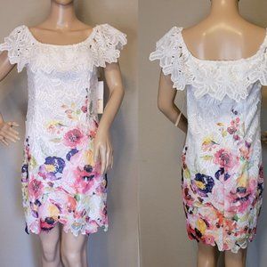 Jr URBAN GIRL Sz M Lined Floral Lace Ruffled Neckline Summer Spring Easter Dress